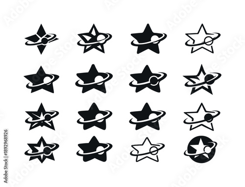 Alien Planet Logos. Alien planet detection. Icon set. Set Logo of Alien planet detection: star with planet transit curve. harmonious logo variations of the