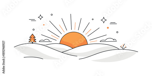Sunrise Over Snow. Sunrise Over Snow with Warm Tones. Clean editorial scene showing sun rays touching smooth snowdrifts. Peaceful optimistic mood focused on