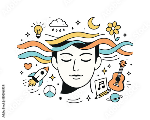 Psychedelic Dreamscape Portrait. Retro psychedelic portrait. A simplified human face surrounded by wavy lines and floating symbolic elements, suggesting inner