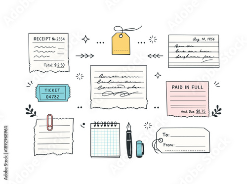 Vintage Stationery Arrangement. Old stationery ephemera flat lay. Top view of paper slips, receipts, and ink-marked fragments laid out symmetrically, showing