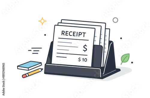 Minimalist Receipt Holder. Receipt holder for office use. A minimal receipt stand on a desk with neatly arranged slips, showing order and clarity. Quiet