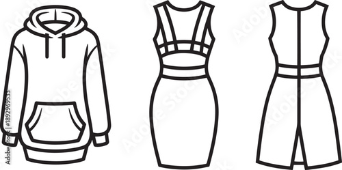 Modern womenswear collection including casual hoodie dress and fitted sleeveless silhouettes