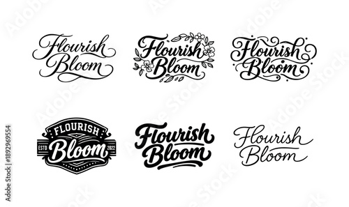 Elegant Calligraphy Grid. Flourish Bloom Calligraphy. Set lettering. harmonious lettering variations of the same emblematic concept, each with different