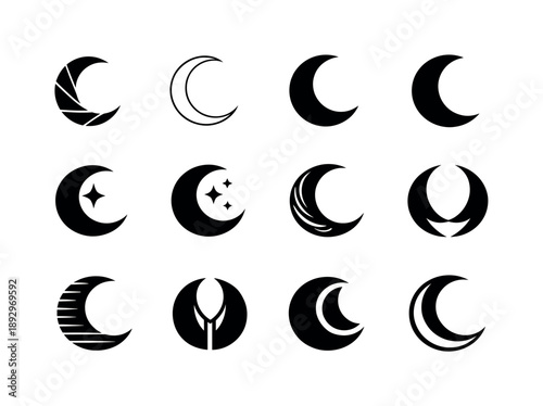 Crescent Moon Icons. Black. Icon set. Set Logo of black: crescent moon in deep black. harmonious logo variations of the same emblematic concept, each with