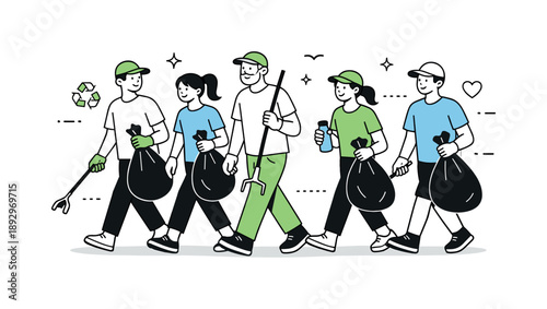 Community Clean-Up Crew. Community clean-up volunteering. Volunteers walking together with trash bags and tools. Sense of purpose, care, and collective effort.
