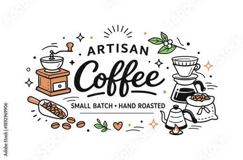 Handcrafted Coffee Label. Artisan coffee label illustration. Handcrafted-style coffee label with simple line drawings of beans and tools, suggesting small