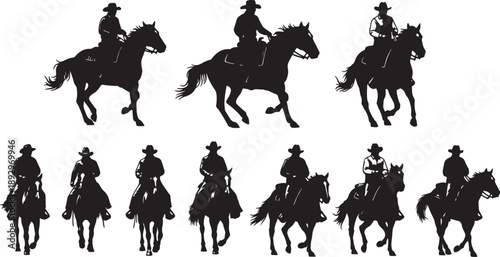 Black silhouettes of cowboys riding horses in various dynamic poses also transparent background white background