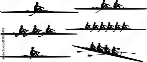 Black silhouettes of people rowing in different boats sport