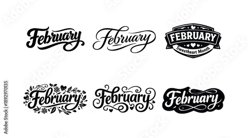 February Lettering Variations. Decorative February banners. Set lettering. harmonious lettering variations of the same emblematic concept, each with different