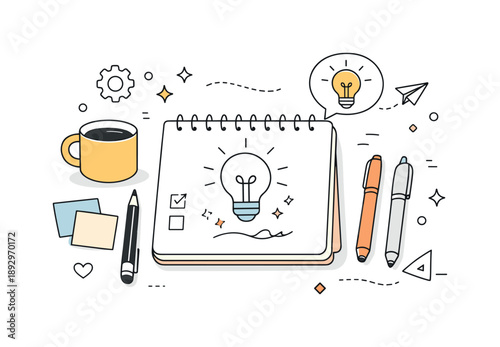 Creative Minimal Desk Scene. Creative desk scene. Minimal workspace with sketchpad, pens and lightbulb icon, friendly and inspired atmosphere showing idea