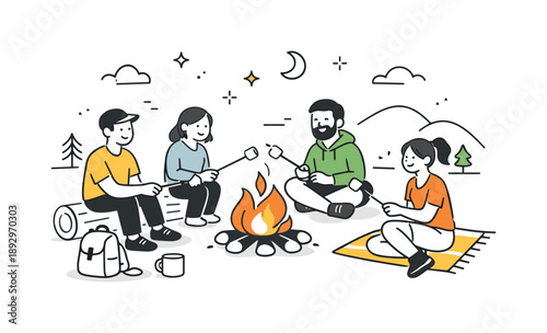 Campfire Marshmallow Gathering. Friends roasting marshmallows outdoors. People sitting on logs or blankets around a campfire, simple trees or hills in the