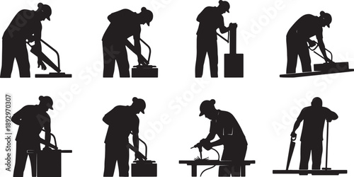 Construction worker performing various tasks with silhouette also transparent background black