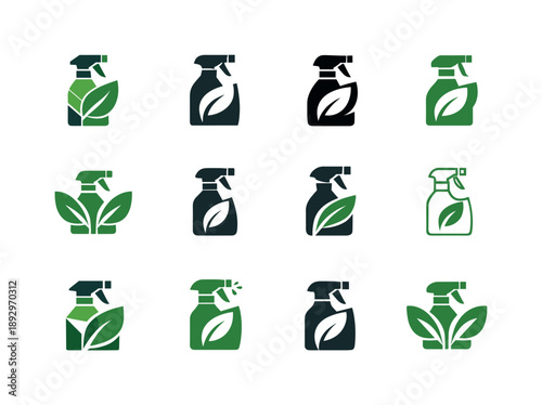 Organic Pest Control Icons. Organic pest management. Icon set. Set Logo of Organic pest management: natural spray bottle with leaf. harmonious logo variations