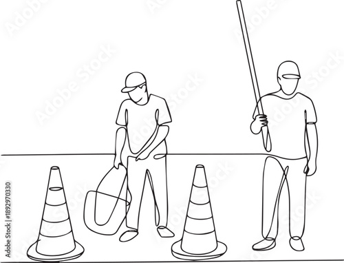 Two workers handling traffic cones on a roadside, viewed from the side.