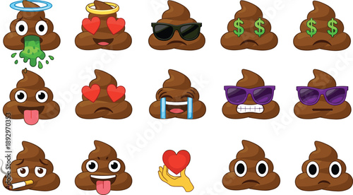 Cartoon poop emojis with various expressions and accessories