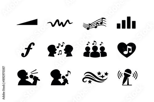 Musical Icon Grid. Musical expression. Solid icon set of Musical expression: crescendo icon, vibrato wave, melodic line, rhythm beat, dynamic symbol, duet