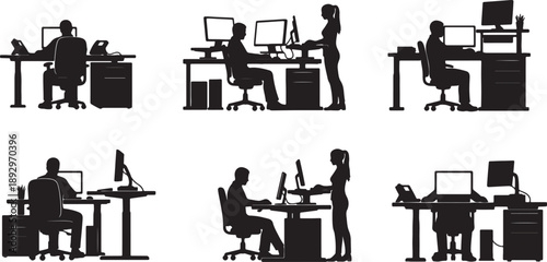 Diverse professionals working at office desks with computers in black silhouettes on white background also transparent background