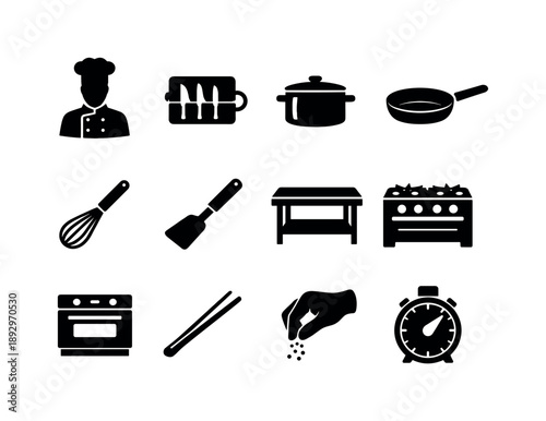 Professional Cooking Icons. Professional Cooking. Solid icon set of Professional Cooking: chef silhouette, knife roll, saucepan, skillet, whisk, spatula, prep