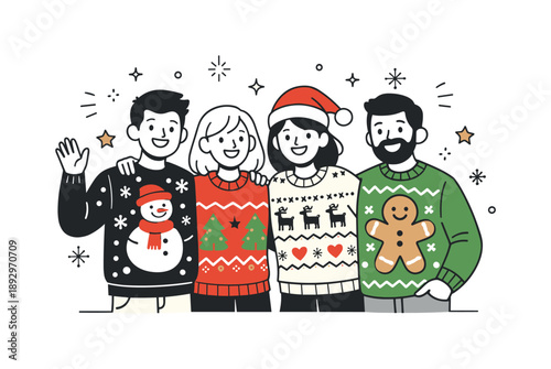 Ugly Sweater Celebration. Friends attending ugly sweater party. Friends standing together wearing colorful patterned sweaters and smiling. Lighthearted humor