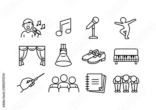School Musical Icon Set. School Musical Play. Line icon set of School Musical Play: singing student, music notes, stage microphone, choreography pose, stage