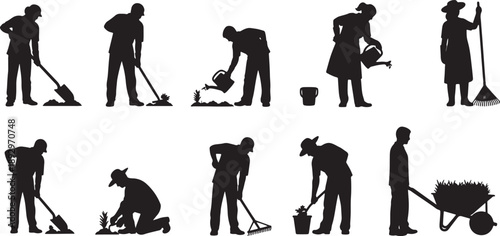 Silhouette of people gardening planting and landscaping with tools also transparent background silhouettes