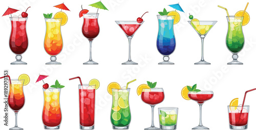 Colorful cocktails with umbrellas straws and fruit drinks beverages alcoholic glasses