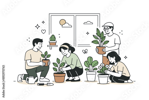 Indoor Gardening Harmony. Indoor gardening people. A small group arranging potted plants near a window, capturing a peaceful moment of teamwork and connection