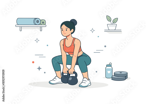 Kettlebell Strength Training. A woman doing strength training with kettlebells ? modern gym routine. Editorial scene of a woman training with kettlebells in a