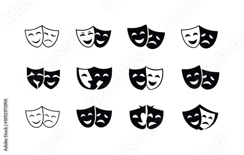 Theater Mask Icons. Theater performance. Icon set. Set Logo of theater performance: comedy and tragedy masks. harmonious logo variations of the same emblematic