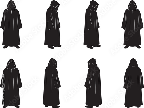 Silhouettes of hooded cloaked figures in various standing poses also transparent background black
