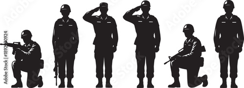 Silhouettes of soldiers in combat and standing positions with guns and saluting also transparent background