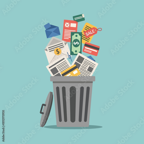 Waste bin with trash and money.