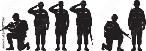 Six black silhouettes of soldiers in combat gear performing tactical poses also transparent background