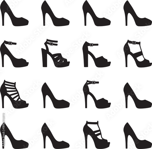 Sixteen heeled shoes and sandals in black silhouette on white background also transparent background