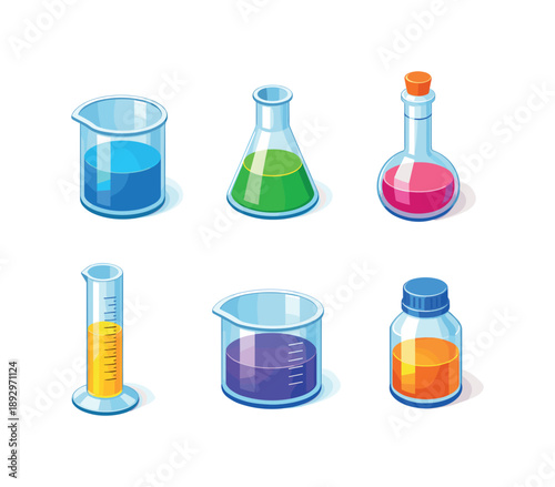 Colorful Chemistry Glassware. Chemistry Glassware. Isometric flat vector icons set of chemistry glassware: standard lab beaker, conical Erlenmeyer flask,
