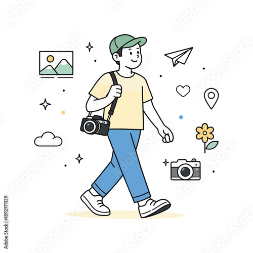 Creative Photography Journey. Photography hobby illustration. A relaxed photographer walking with a camera strap over the shoulder, expressing freedom,