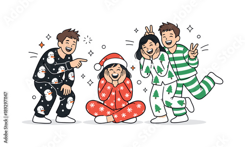 Festive Pajama Fun. Wearing holiday pajamas playful moment. Friends or siblings laughing and posing in festive pajamas with light decorative shapes around.