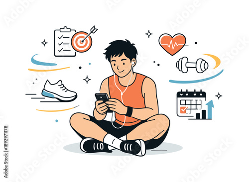 Fitness Goals Setting. Fitness goals. A person setting workout goals on a smartphone while wearing sports clothes, preparing for training. Calm motivated mood