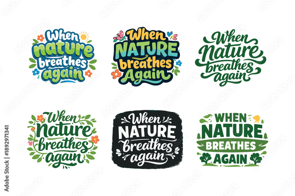 Fototapeta premium Nature's Lettering Harmony. When nature breathes again. Set lettering. harmonious lettering variations of the same emblematic concept, each with different