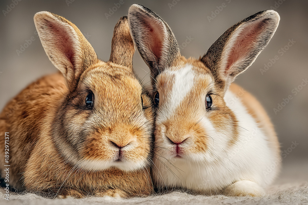 Fototapeta premium Two rabbits sitting together, gentle and calm mood. Two Adorable Rabbits Cuddling Together