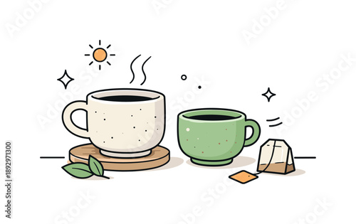 Mindful Tea Moments. Mindful moments. Stoneware tea cups shown in a simple still life, emphasizing calm, warmth, and appreciation of everyday