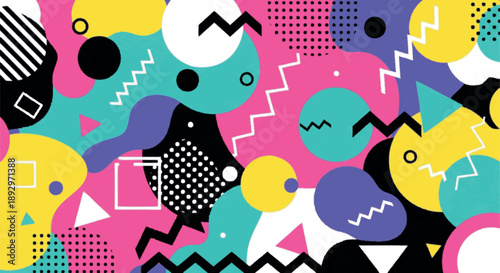 Dynamic and colorful Memphis style abstract background featuring a playful mix of geometric shapes, lines, and dots, perfect for retro 80s and 90s design projects