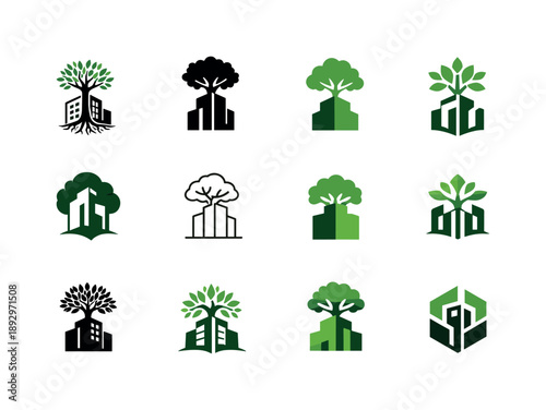Sustainable Garden Logos. Sustainable gardening and urban green spaces. Icon set. Set Logo of sustainable gardening and urban green spaces: tree growing from