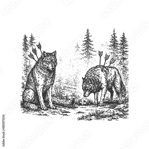 Vintage Woodcut Style Wolf Illustration with Arrows and Forest Background