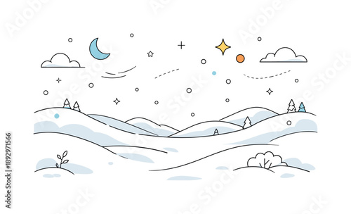 Peaceful Winter Landscape. Snow and winter backdrop. Clean editorial winter landscape with soft snowdrifts, light snowfall and distant hills, calm and peaceful