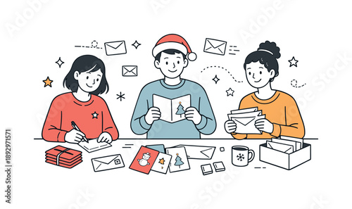 Holiday Card Preparation. Friends mailing holiday cards. Friends standing together writing and sorting greeting cards on a table. Warm seasonal mood and