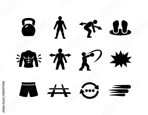 Functional Fitness Icons. Functional Fitness. Solid icon set of Functional Fitness: kettlebell weight, full body athlete, hinge movement arrows, balanced