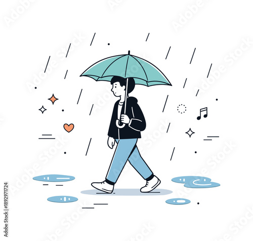 Calm Rain Walk. Umbrella and rain elements. A person walking calmly under an open umbrella, light rain falling around and small puddles on the ground. The