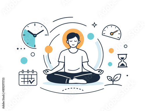 Timeful Meditation. Mindful time awareness. A person meditating or reflecting with abstract circular shapes and clock fragments surrounding them.