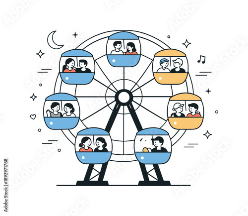 Evening Ferris Wheel Ride. People riding ferris wheel evening. Cabins softly lit against a simple night sky, calm festive mood and relaxed